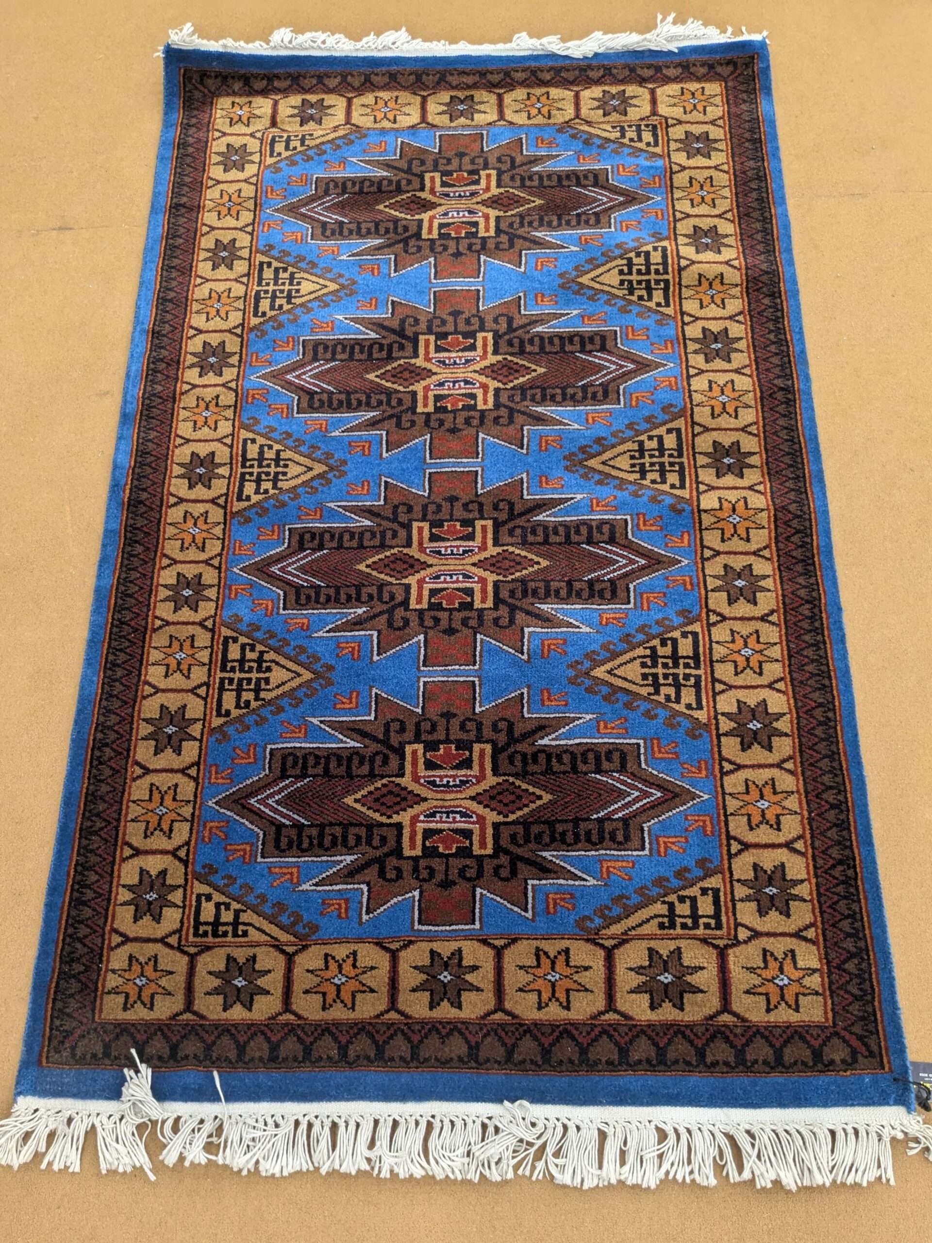 Blue Tribal Hand Knotted Wool Carpet - 3FT X 5FT | 90CM X 150CM