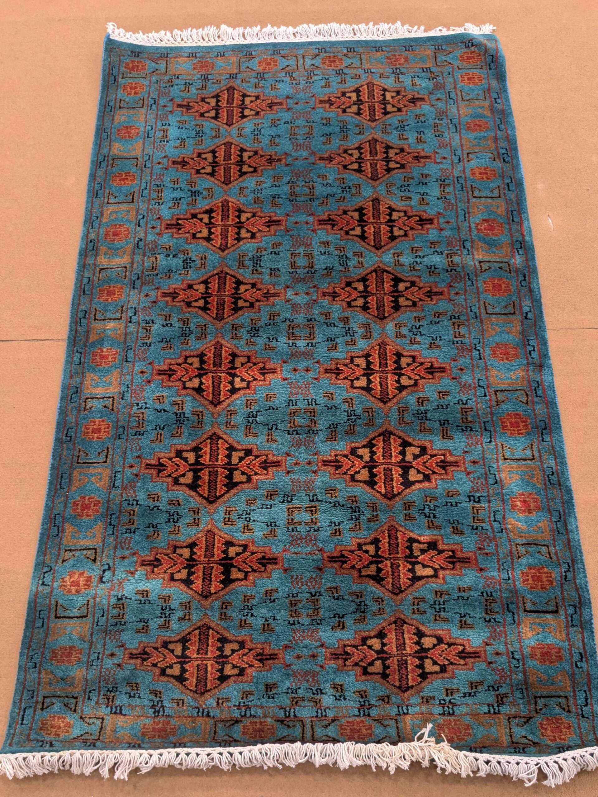 Blue Tribal Hand Knotted Wool Carpet - 3FT X 5FT | 90CM X 150CM