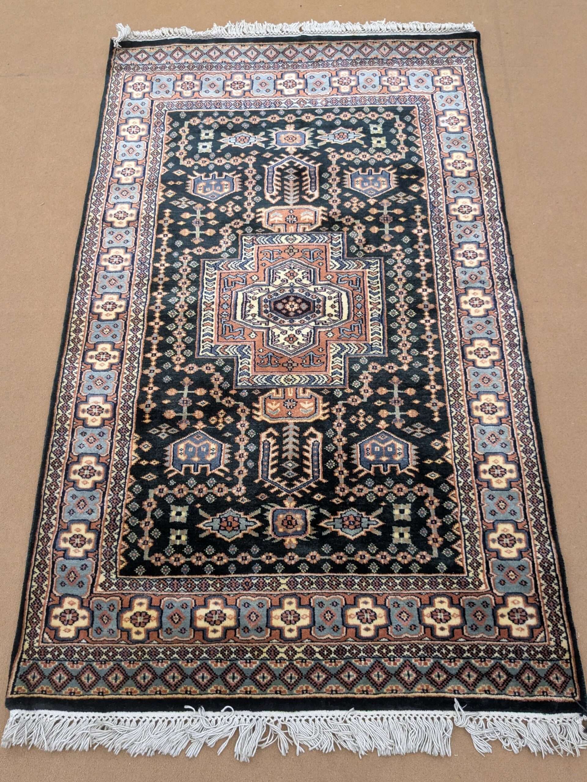 Black Tribal Hand Knotted Wool Carpet - 3FT X 5FT | 90CM X 150CM
