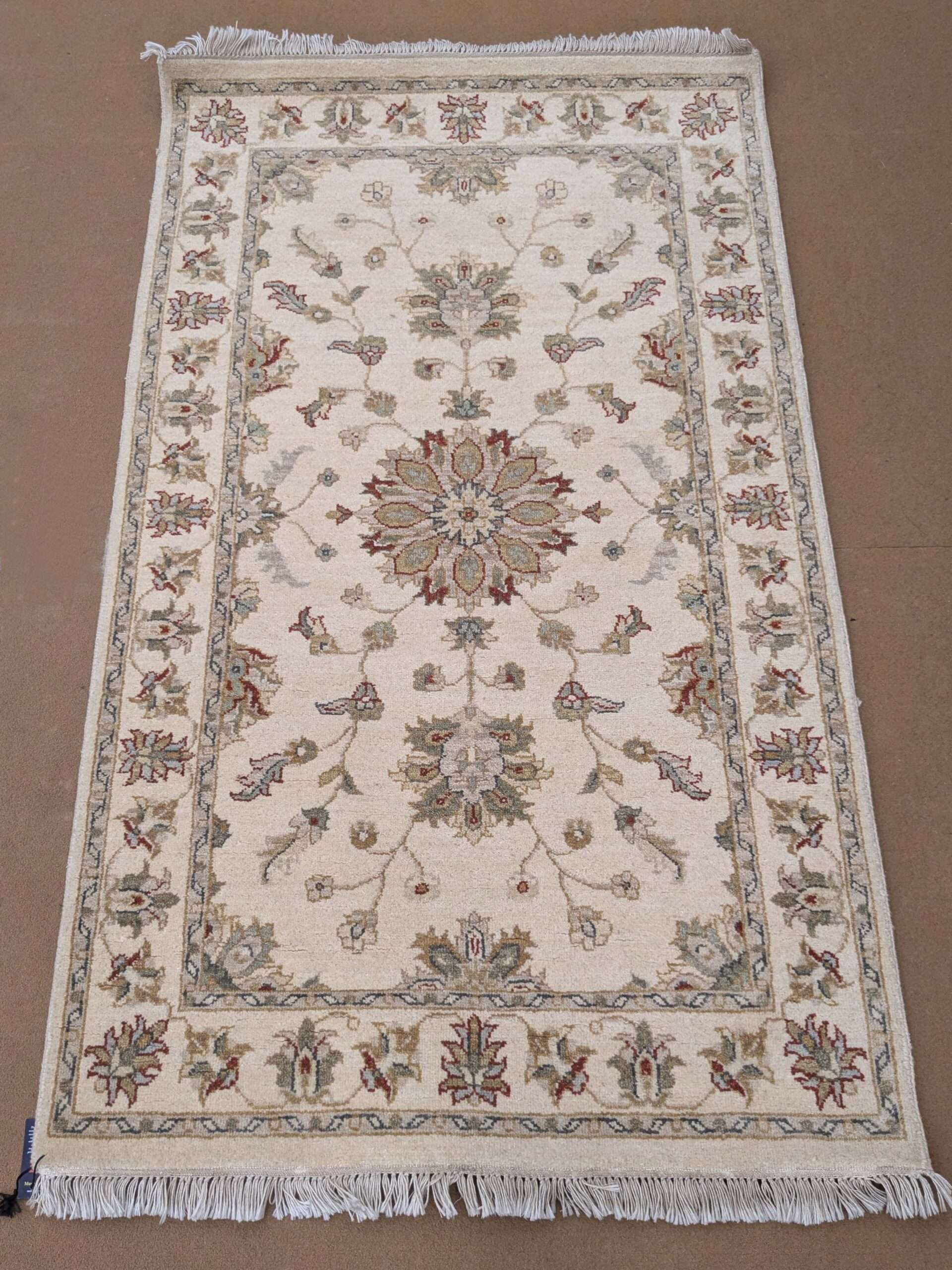 Beige Floral Design Hand Knotted Wool Carpet - 3FT X 5FT | 90CM X 150CM