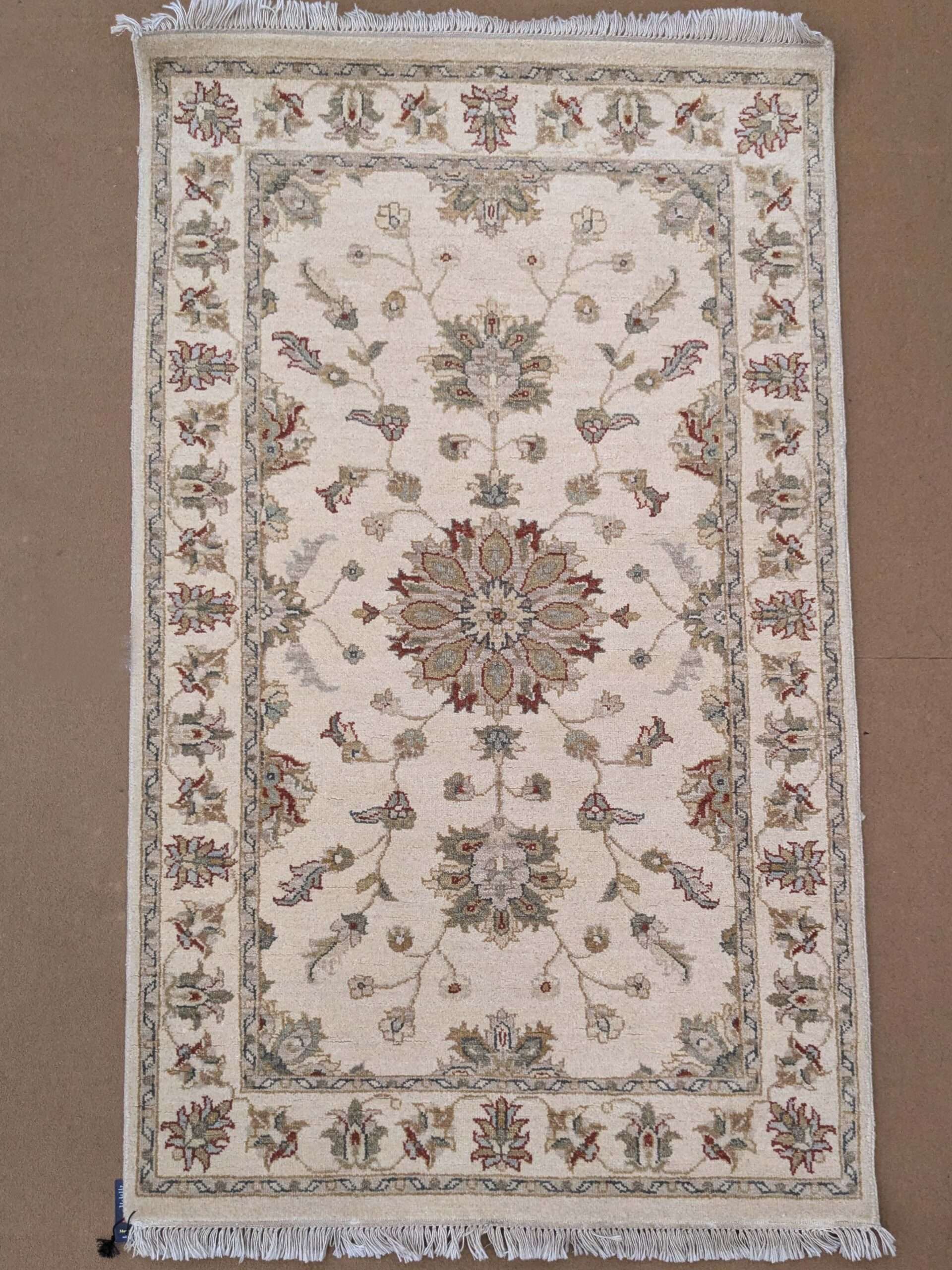 Beige Floral Design Hand Knotted Wool Carpet - 3FT X 5FT | 90CM X 150CM - Image 2