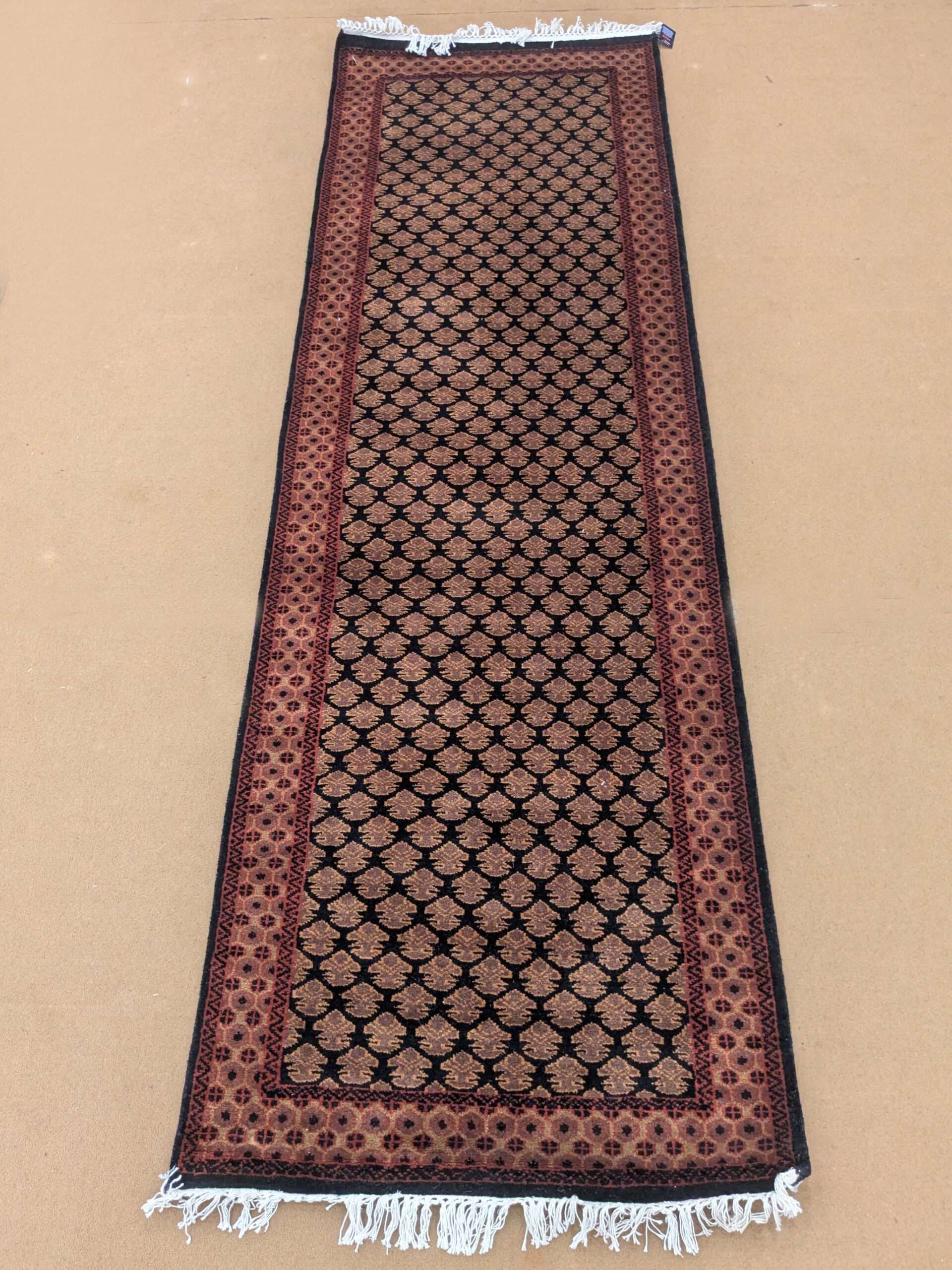 Black Baby Elephant Foot Print Hand Knotted Runner Wool Carpet - 2.5FT X 8FT | 75CM X 240CM