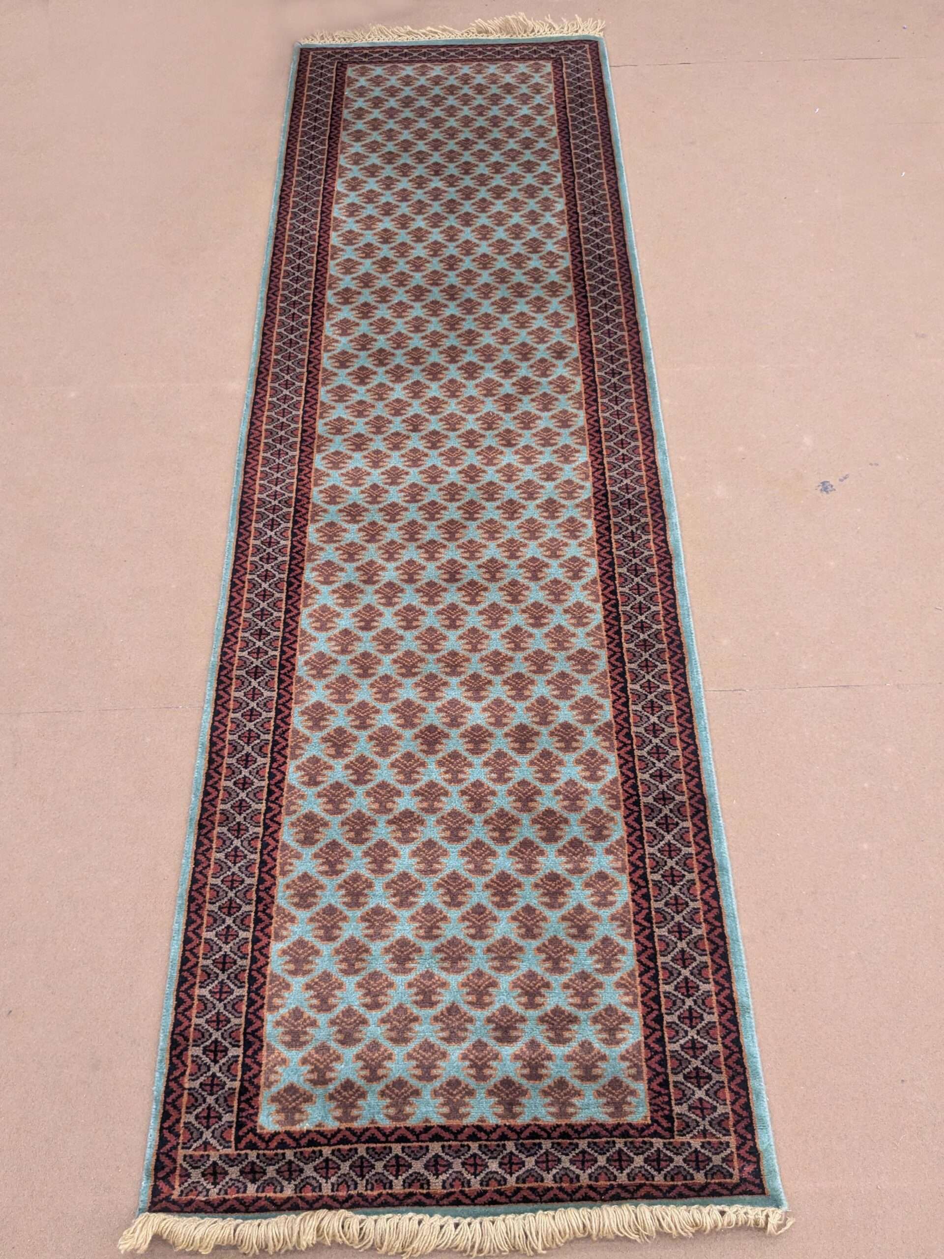 Green Baby Elephant Foot Print Hand Knotted Runner Wool Carpet - 2.5FT X 8FT | 75CM X 240CM