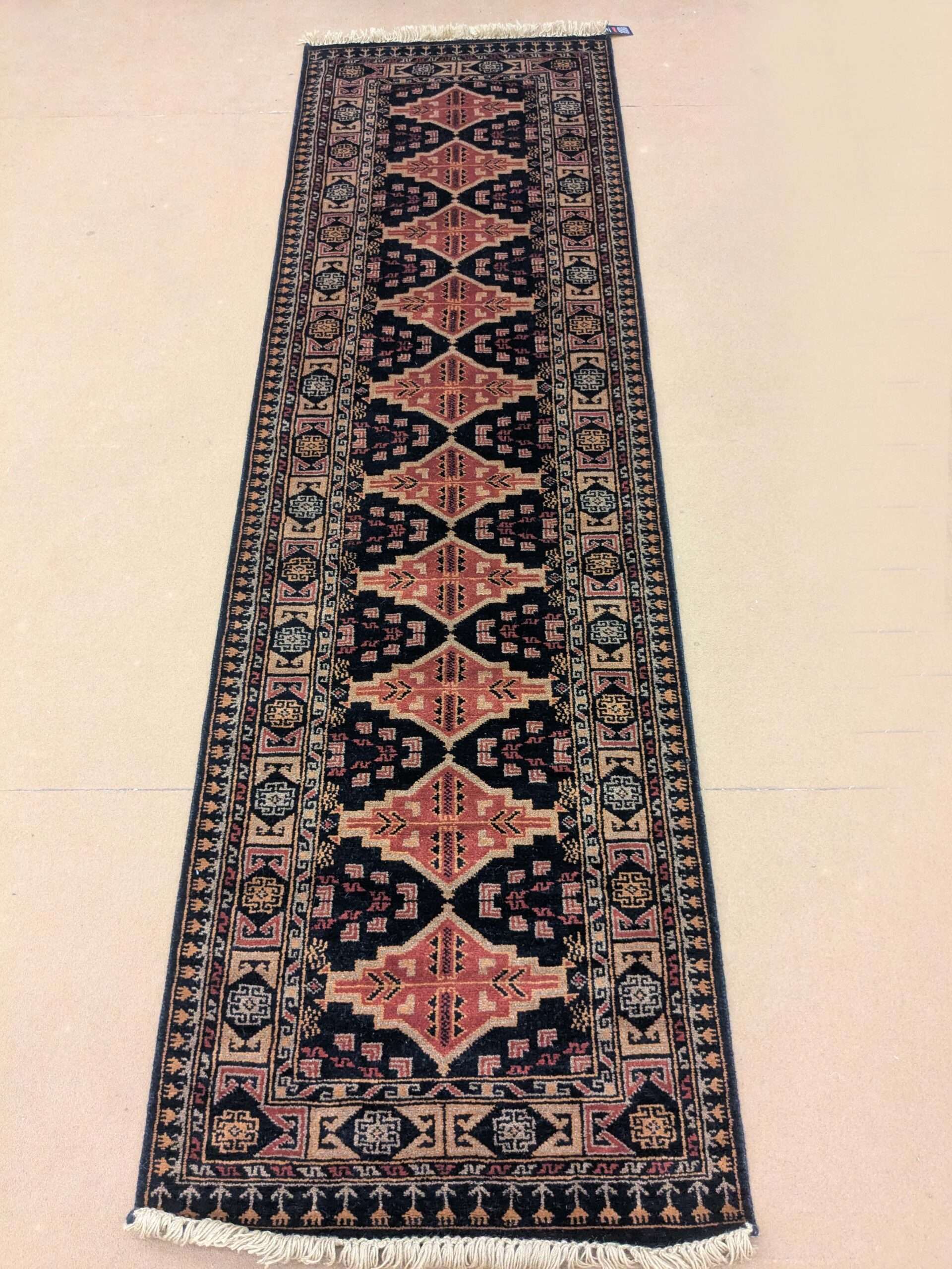 Black Tribal Hand Knotted Runner Wool Carpet - 2.5FT X 8FT | 75CM X 240CM