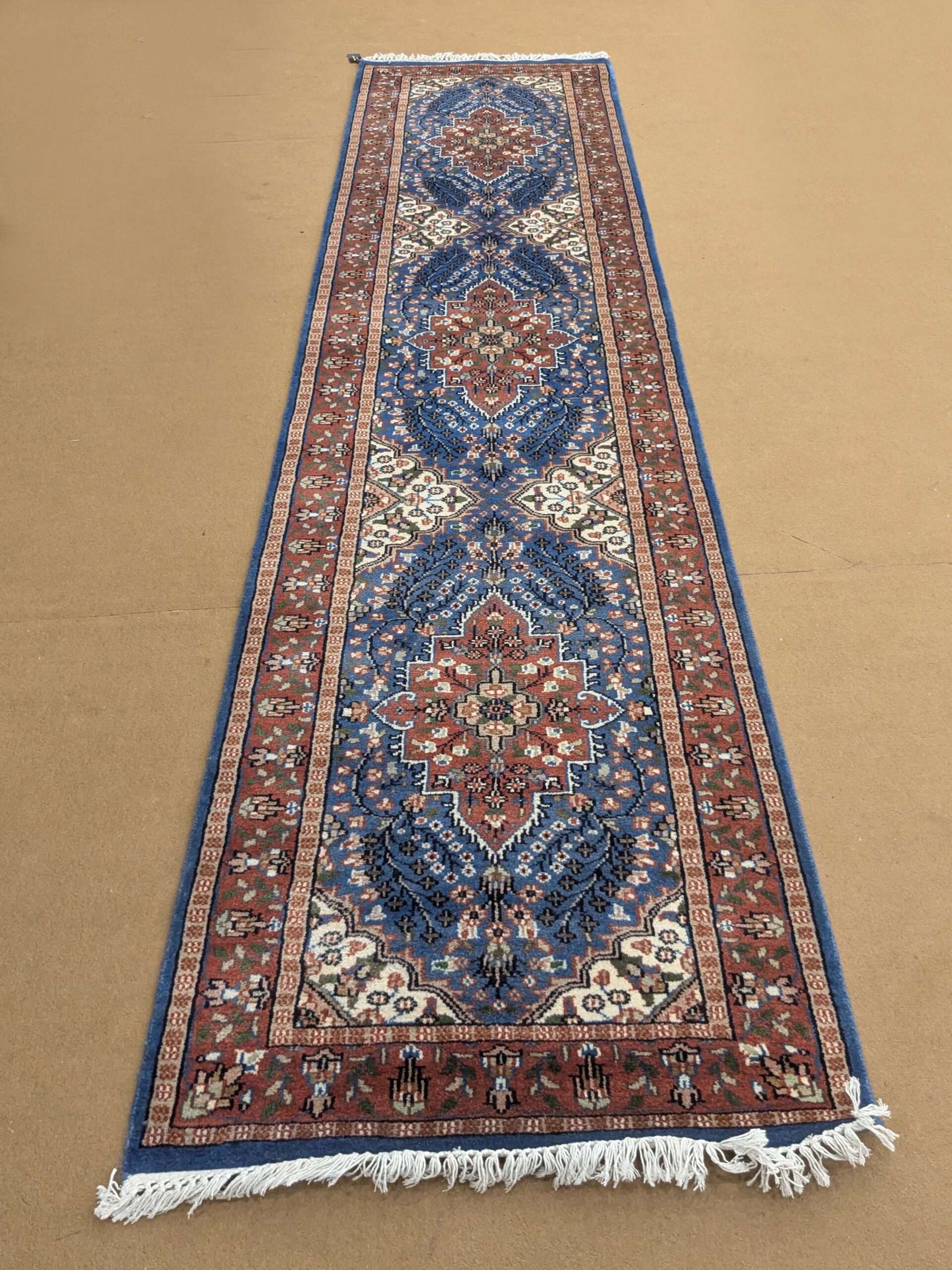 Blue Persian Hand Knotted Runner Wool Carpet - 2.5FT X 10FT | 75CM X 300CM