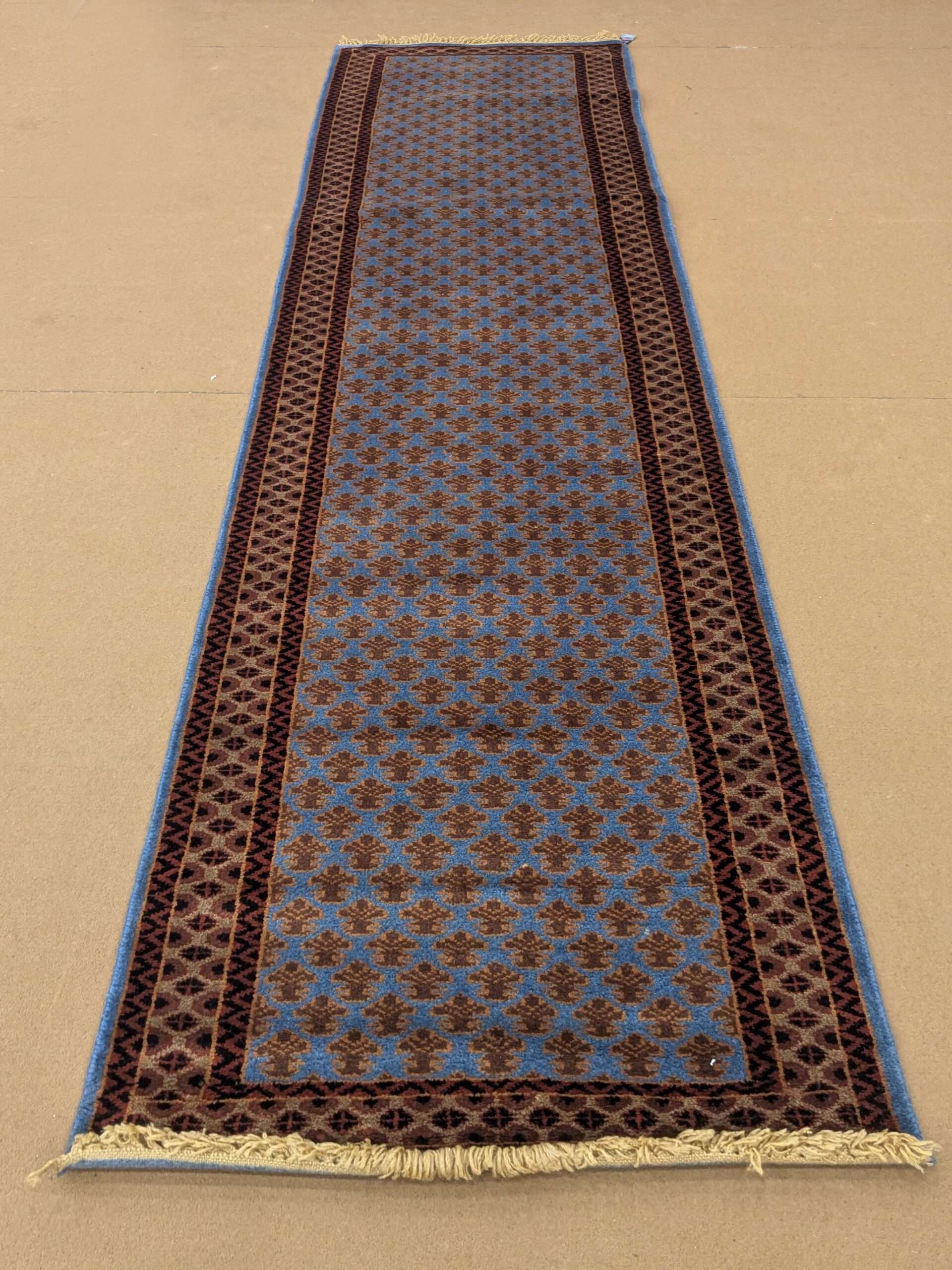 Blue Baby Elephant Foot Print Hand Knotted Runner Wool Carpet - 2.5FT X 10FT | 75CM X 300CM
