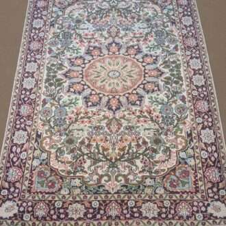 White Floral Persin Silk On Cotton Knotted Carpet - 3FT X 5FT | 90CM X 150CM