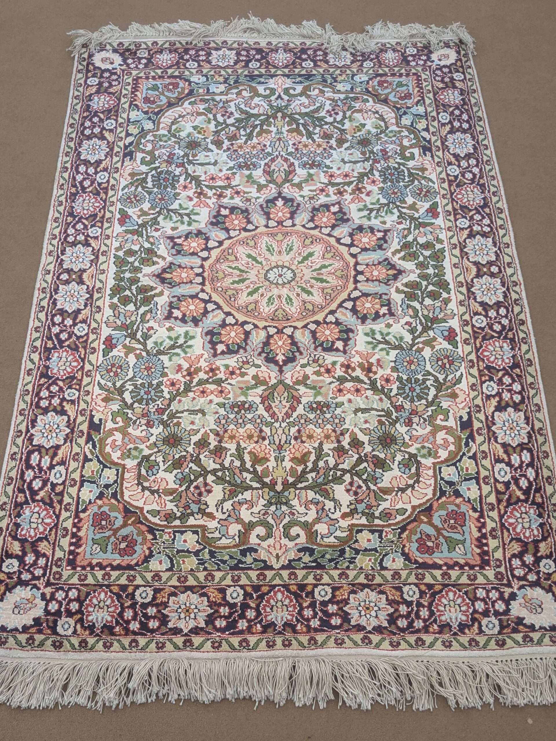 White Floral Persin Silk On Cotton Knotted Carpet - 3FT X 5FT | 90CM X 150CM