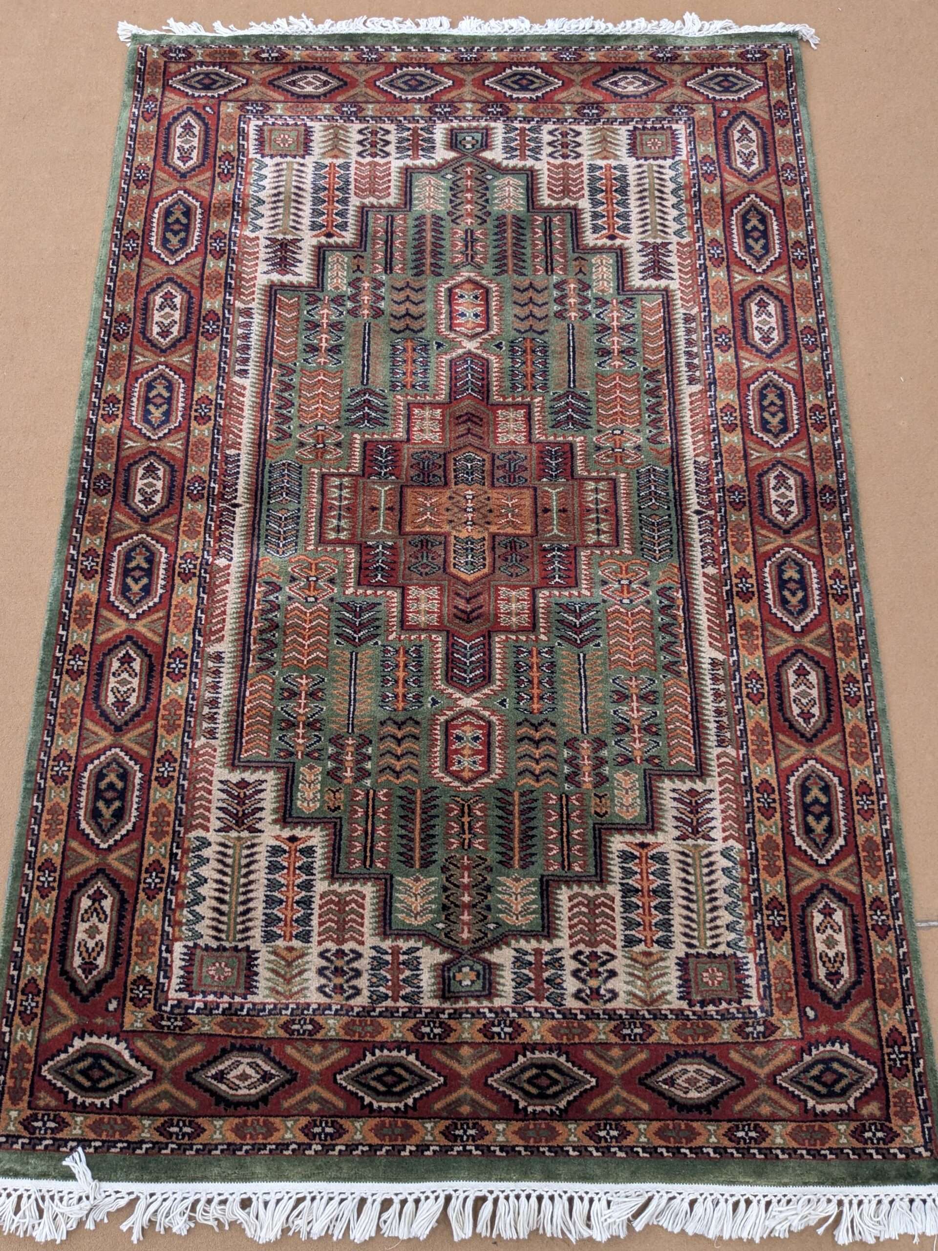 Green Tribal Hand Knotted Wool Carpet - 4FT X 6FT | 120CM X 180CM