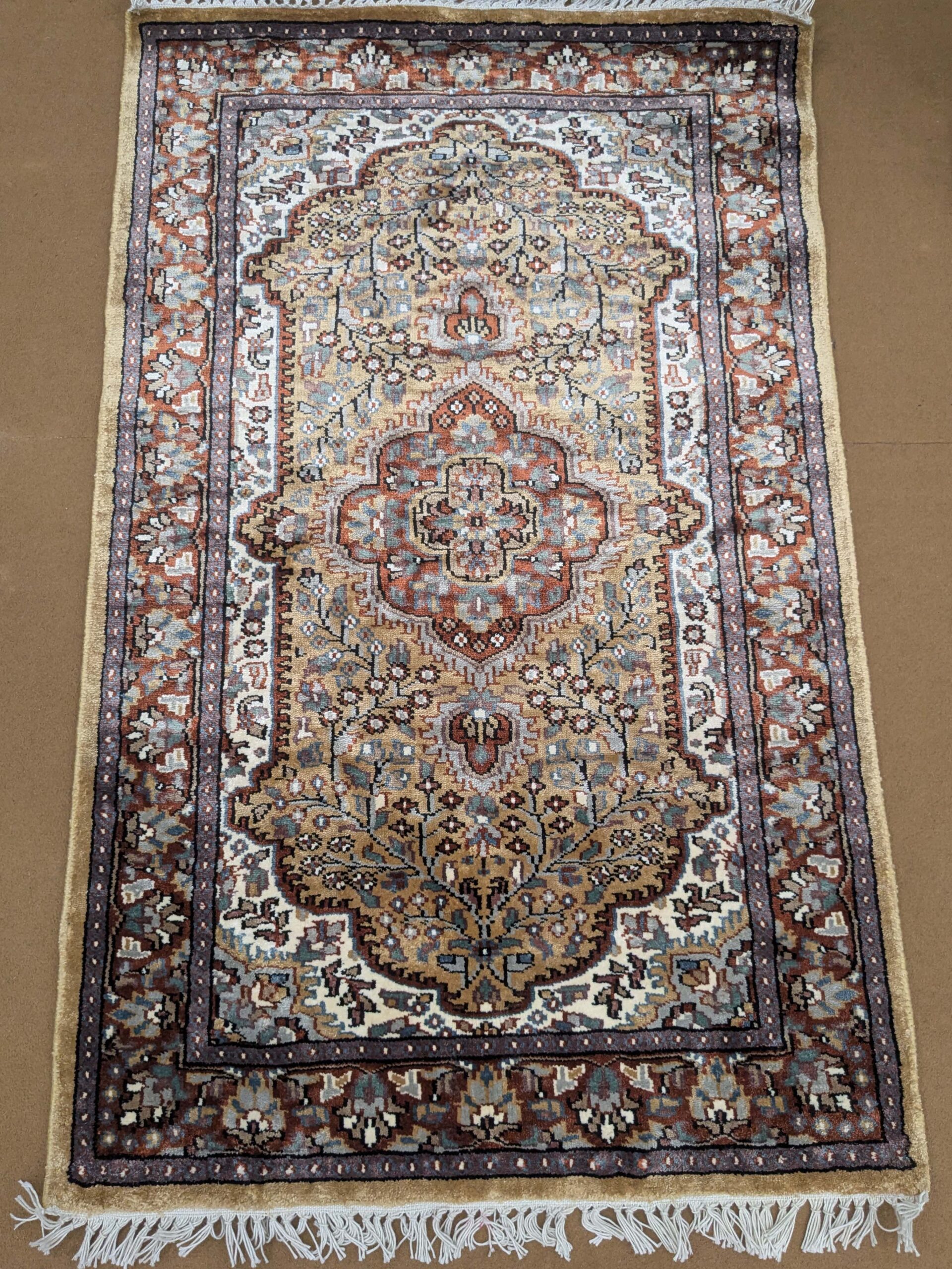 Beige Persian Knotted Wool Carpet - 2.5FT X 4FT | 76CM X 122CM