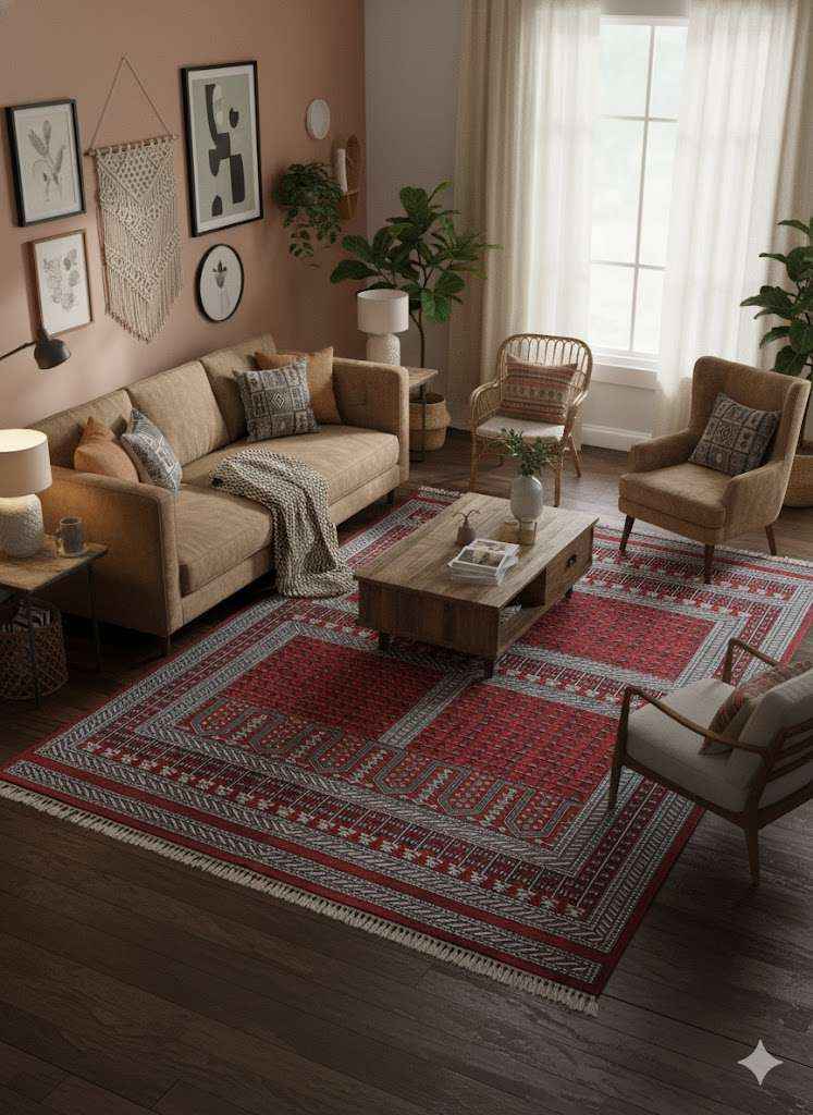 Red Family Design Hand Knotted Wool Carpet - 8FT X 10FT | 240CM X 300CM - Image 2